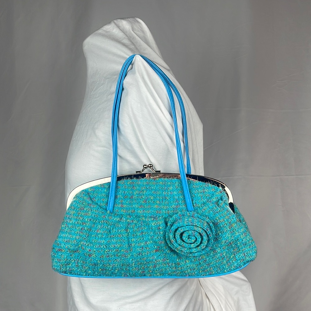Turquoise Clutch Floral Marled Texture Rouche Sweater Handbag Snap Top Purse